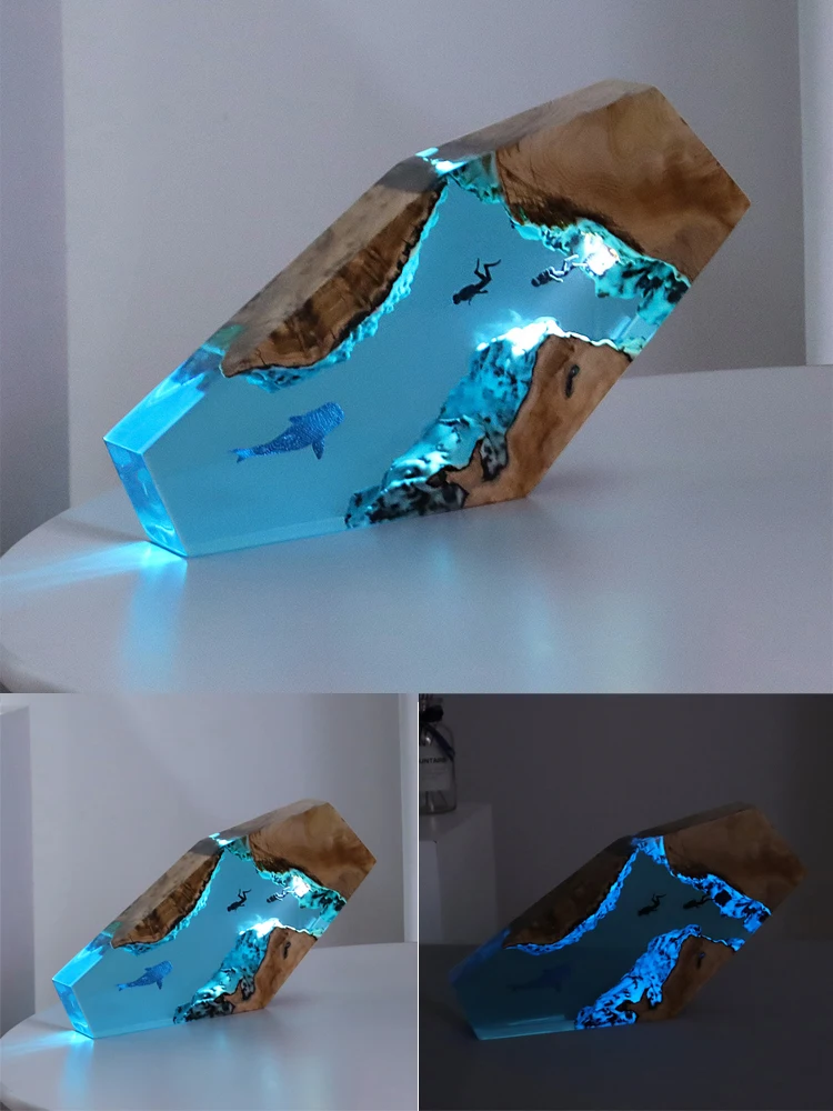 Lámpara de decoración de arte creactivo, luz de mesa de resina, tema de buzo de ballena, carga USB