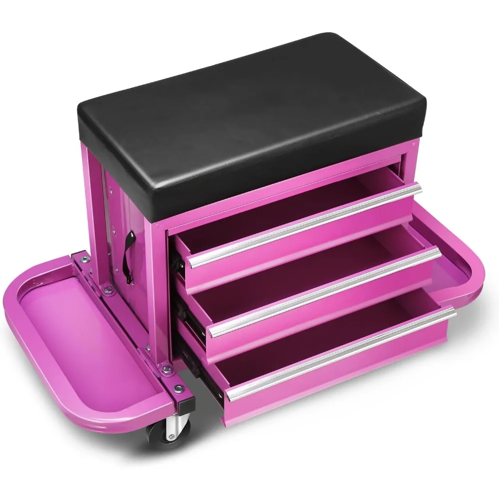 3-Drawer Tool Chest Rolling Mechanic Seat with Tool Trays,350lbs Max Weight Capacity, Purple, TOOLS-00261-PR