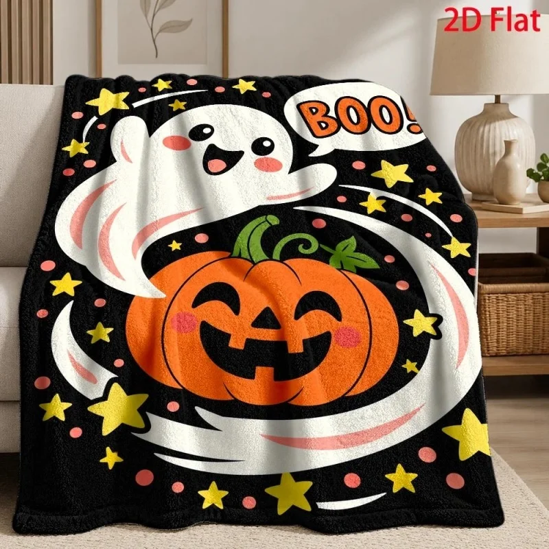 Halloween Cute Ghost Boo Pumpkin Flannel Throw Blanket, Star Print Soft Warm Cozy Blanket for Sofa Bed Halloween Home Decor