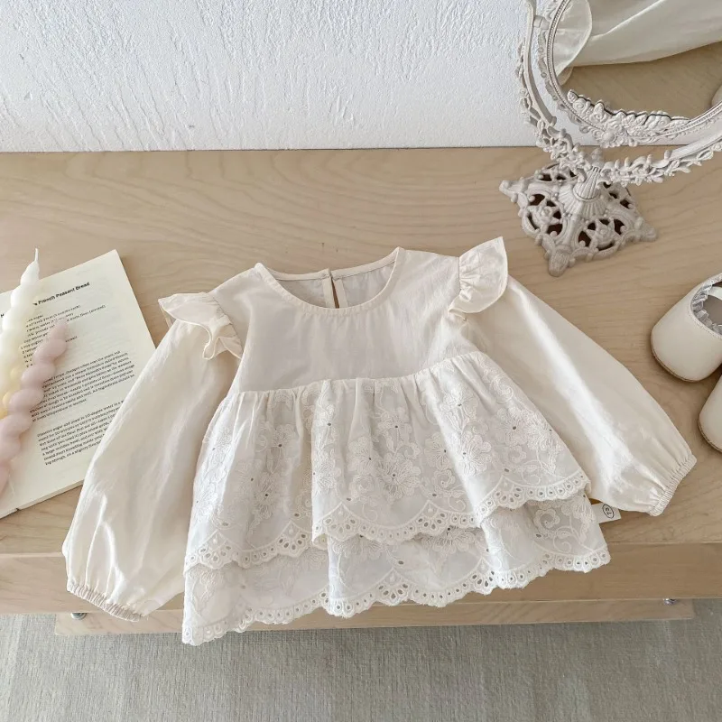 Spring Autumn Baby Girls Solid Color Blouses Floral Embroidery Kids O-Neck Long Sleeve Shirt Tops