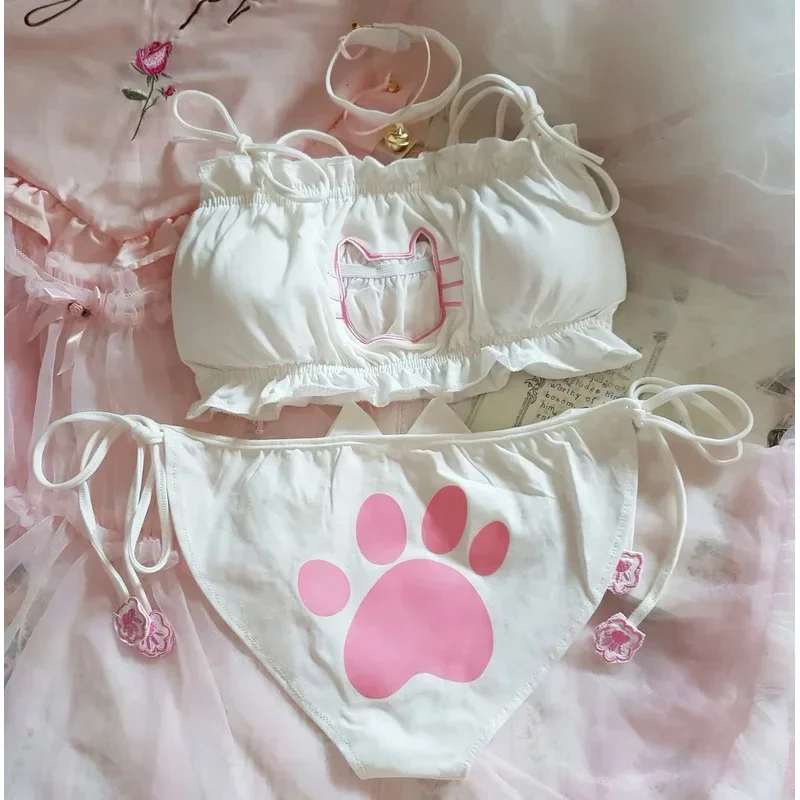 Cosbao Japanese anime cos Cat girl cotton hollow Out Sexy Open Chest -up Underwear Cosplay Cute lace panties set