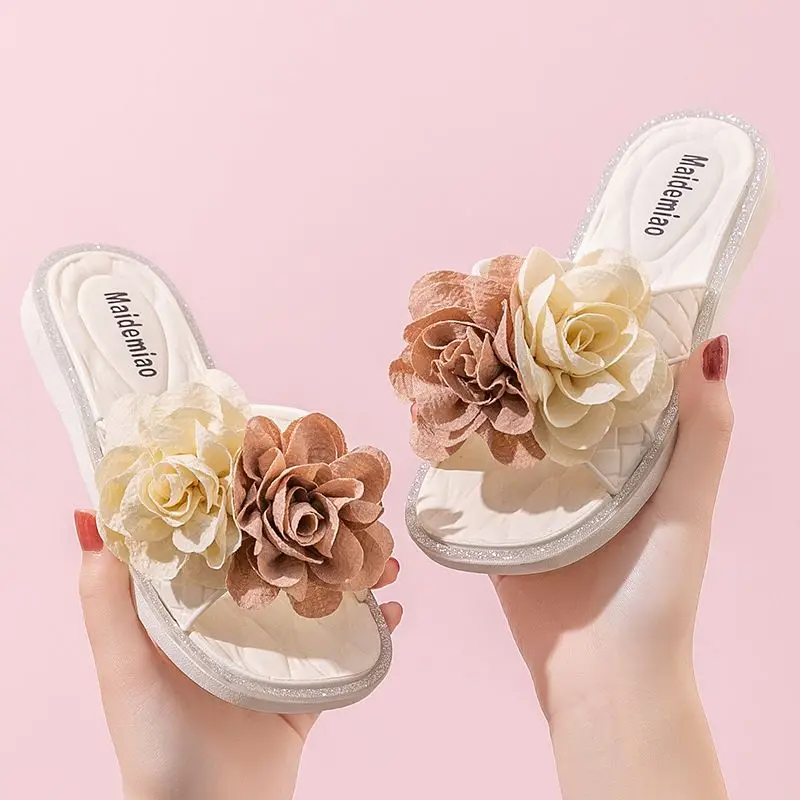 Girls' Floral Cross Strap Fabric Slippers for Spring Summer Korean Style Casual Outdoor Wear Sweet Cute Versatile with Soft Sole