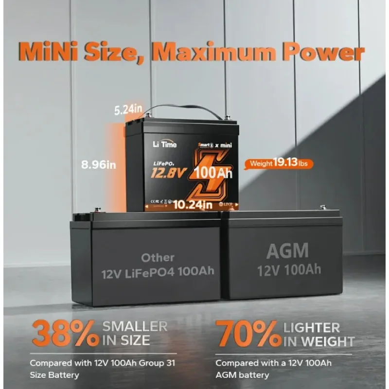 미국산 미니 스마트 12V 100AH 리튬 이온 배터리 팩 (RV 트롤링 모터 및 밴용) 관세 절감 BMS100A