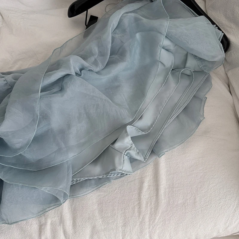 여름 레이스 속이 비치는 투피스 탑과 스커트 세트 한국 패션 캐미솔 민소매 크롭 탑 신축성 있는 허리 스커트 슈트