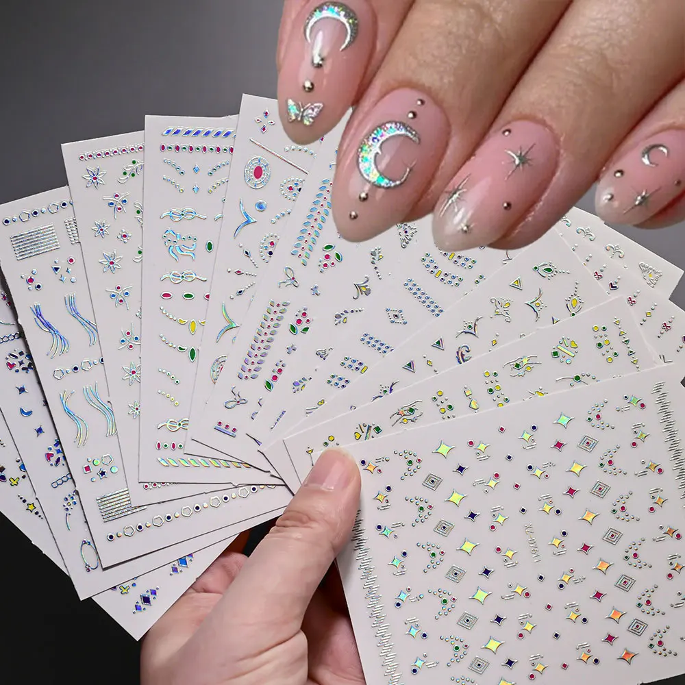 1 pièces 3D rétro étoile ligne française Nail Stcikers Laser arc-en-ciel fleur étoile arc ongles décalcomanies 8*10 cm auto-adhésif décorations d'ongles T8%