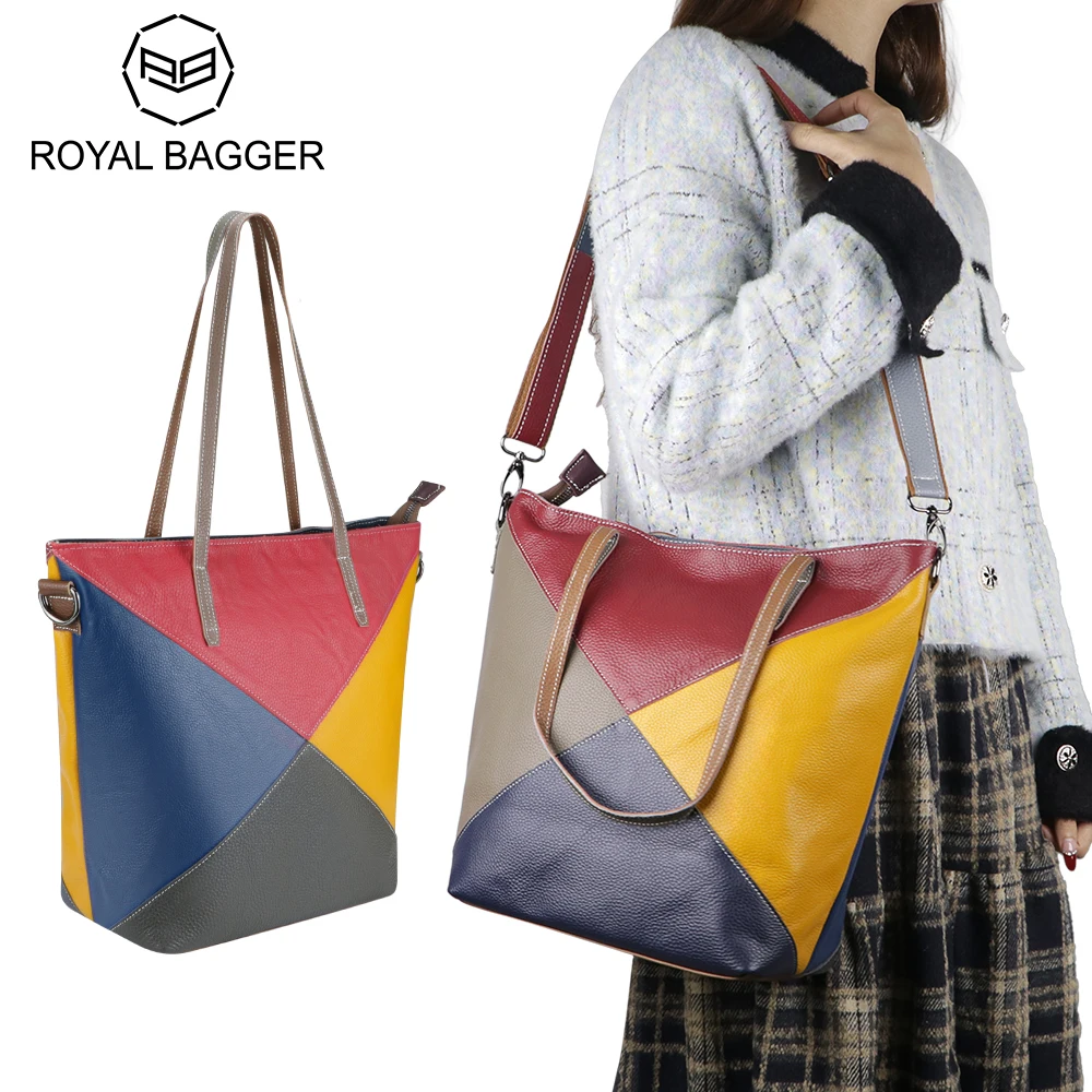 Royal Bagger Retro Patchwork Tote Bags for Women Genuine Leather Shoulder Crossbody Bag Large Capacity Travel Handbag 2739