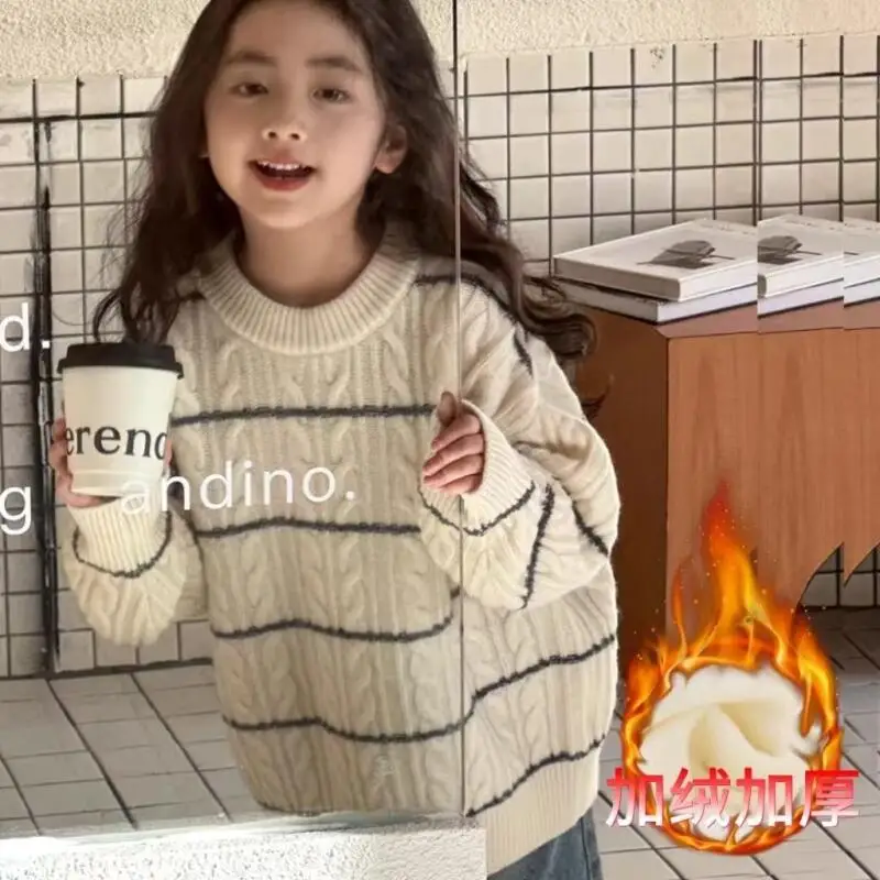 

Осенне-зимний вязаный свитер для девочек, полосатые топы с длинными рукавами, пуловер с круглым вырезом, удобная детская одежда, повседневный стиль