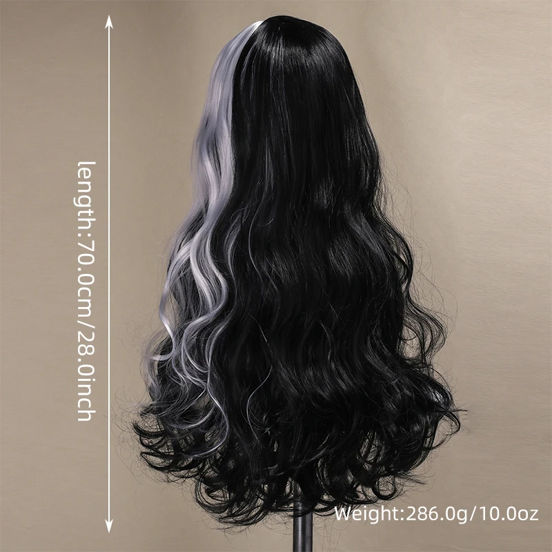 28 inch long rolled witch black and white synthetic wig, used for holiday parties and Halloween role-playing