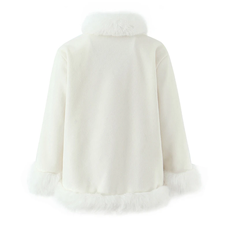 KEYANKETIAN 2025 Winter New Women's Sweet style Artificial Fur Decorated Woolen Cape Coat Covered Button Loose Thick Warm Top