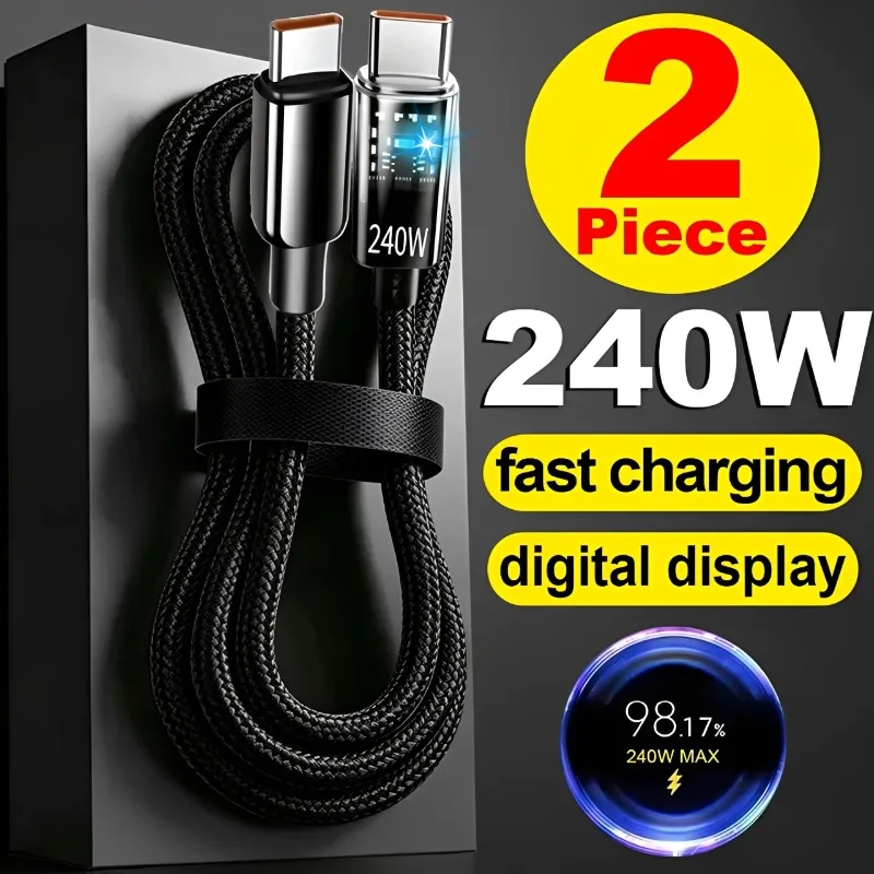 Cabo de Dados USB C PD de Nylon 240W com Carregamento Super Rápido e Display Digital LED, Cabo USB para Tipo C com Carregamento Rápido, 0.25/1/1.5/2M