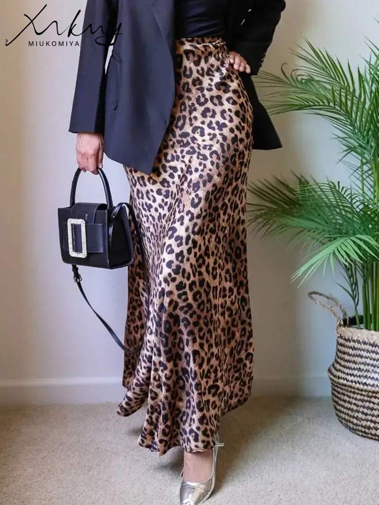 MiuKoMiYa Autumn Satin Leopard Print Maxi Skirt Women High Waist A Line Office Slim Long Leopard Skirt For Women Elegant 2024