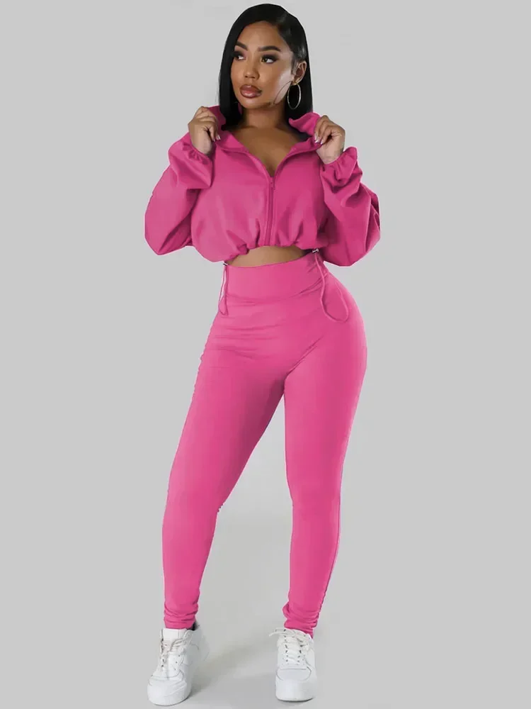 

Solid Sporty Two Piece Set for Women Tracksuit Casual Fitness Workout Zipper Bomber Jacket Top and Sweatpants Matching Sets