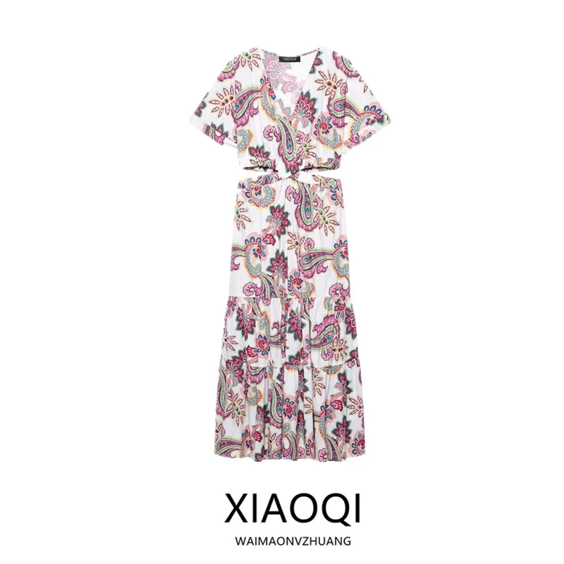 Primavera Estate Nuove donne Midi Dr Stampa floreale Design aperto Garza di seta Dr Or Sve V-Ne Pendolarismo Sle 2025