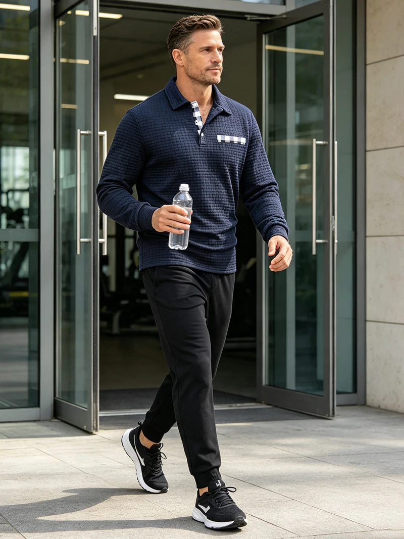 Herren Waffelstrick Langarm-Poloshirt mit Revers und Halbknopfleiste, Regular Fit, Frühling Herbst Business Casual Atmungsaktive Weiche Oberteile – Detail 19
