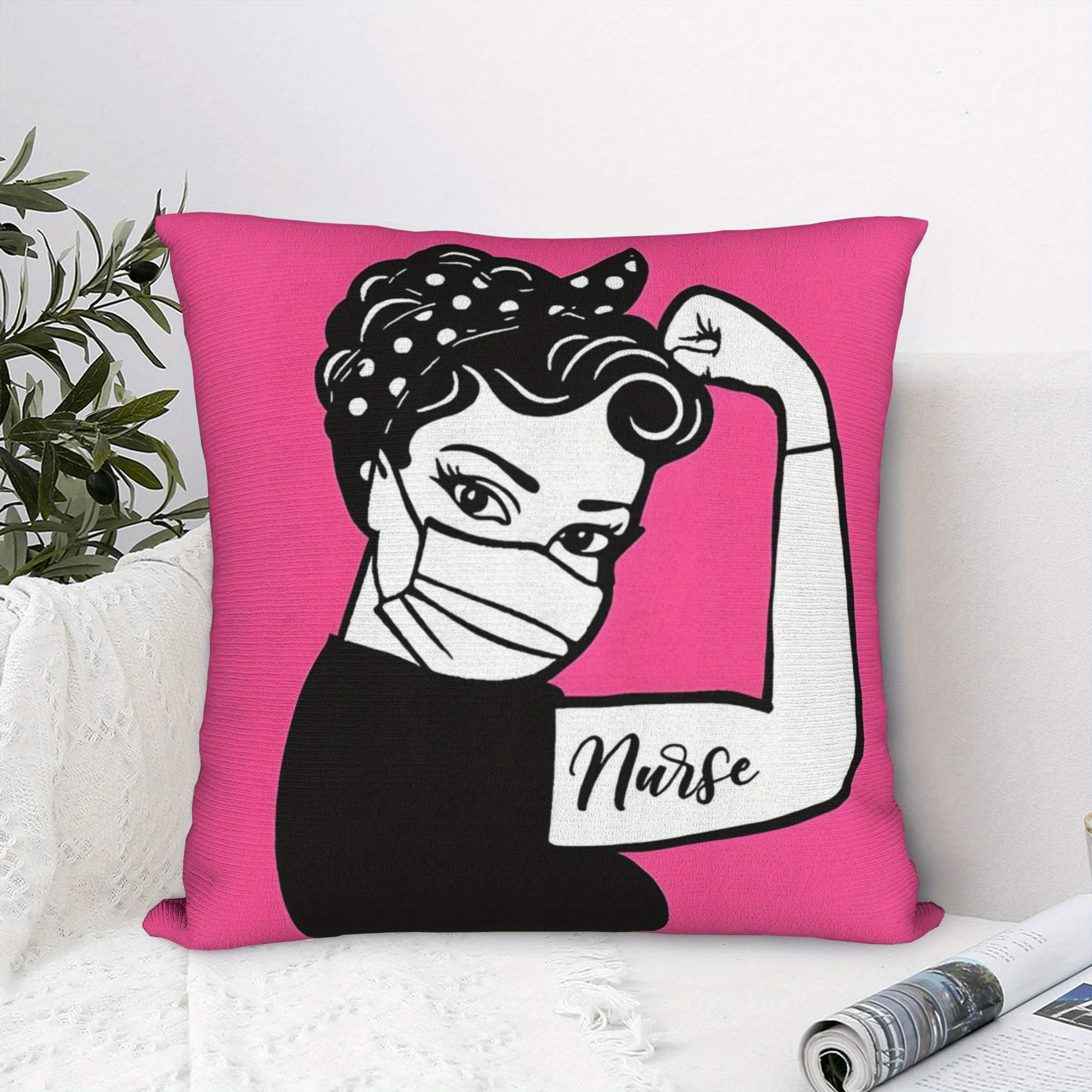 Pink Nurse Pillowcase, Strong Woman Mask Print Cushion Cover, Medical Hero Decor, Retro Style Art Throw Pillow, Home Textile