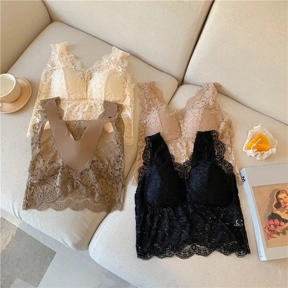

Sweet Mesh Thin Lace Deep V Camisole Sleeveless Transparent Lace Crop Tops Slim Fit Undershirt Suspender Vest Spring Summer