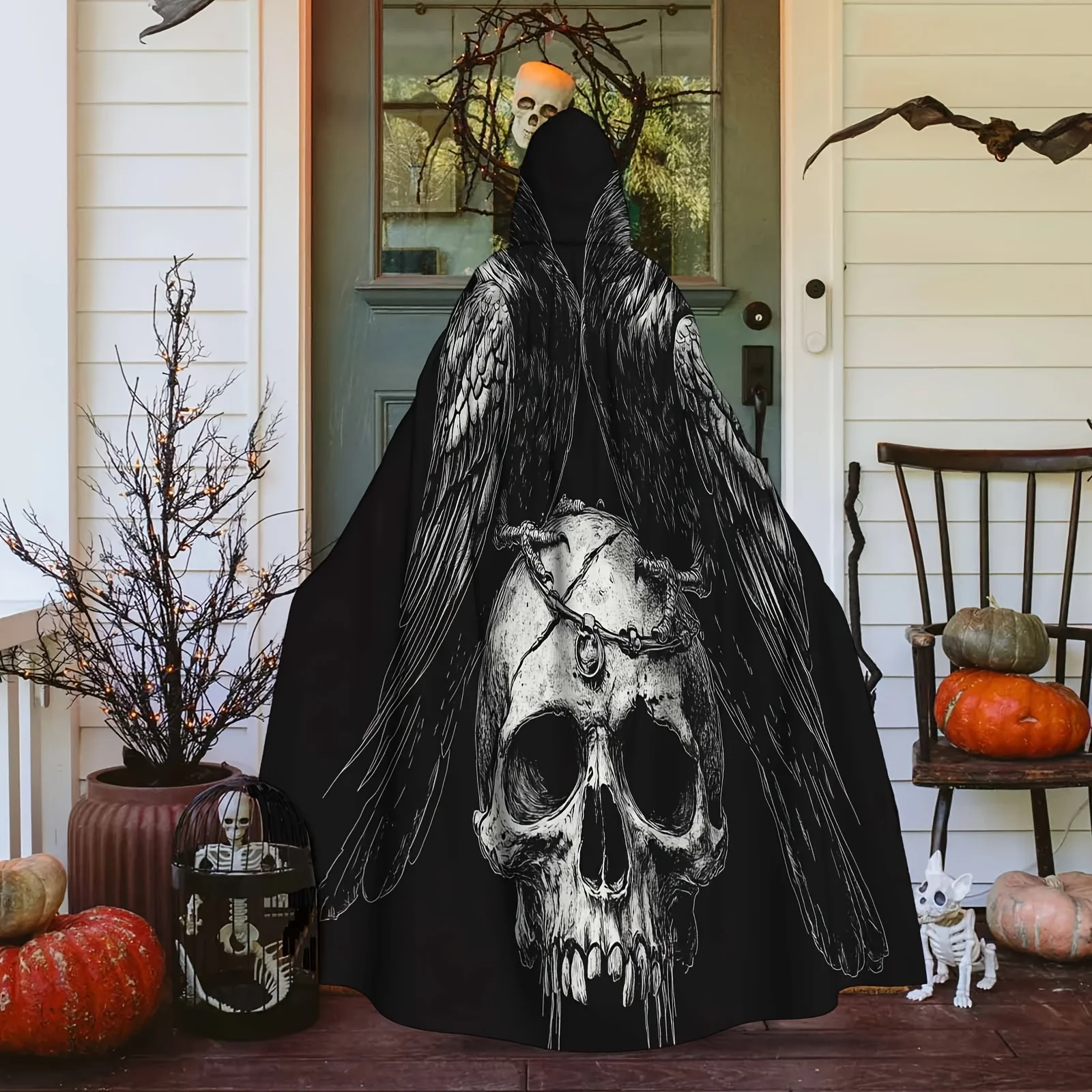 1pc Gothic Halloween Cloak with Hood Adult Costume Robe Featuring Skull Crow Wings Machine Washable for Halloween Cosplay