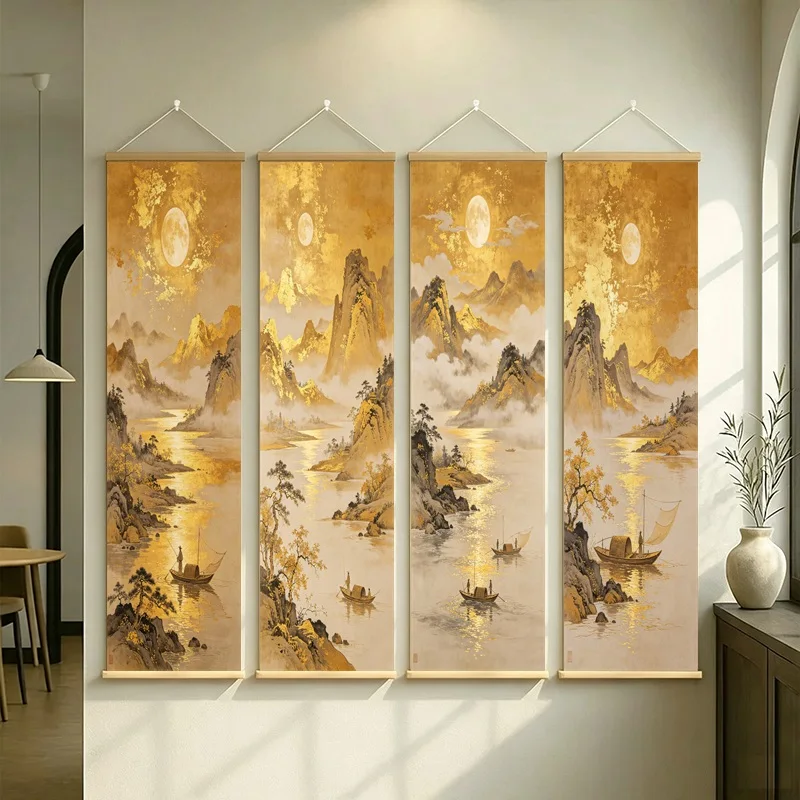 Golden Moon Mountain River Wall Scroll Chinese Landscape Canvas Art for Boutique Hotel Lobby and Luxury Lounge wall decor