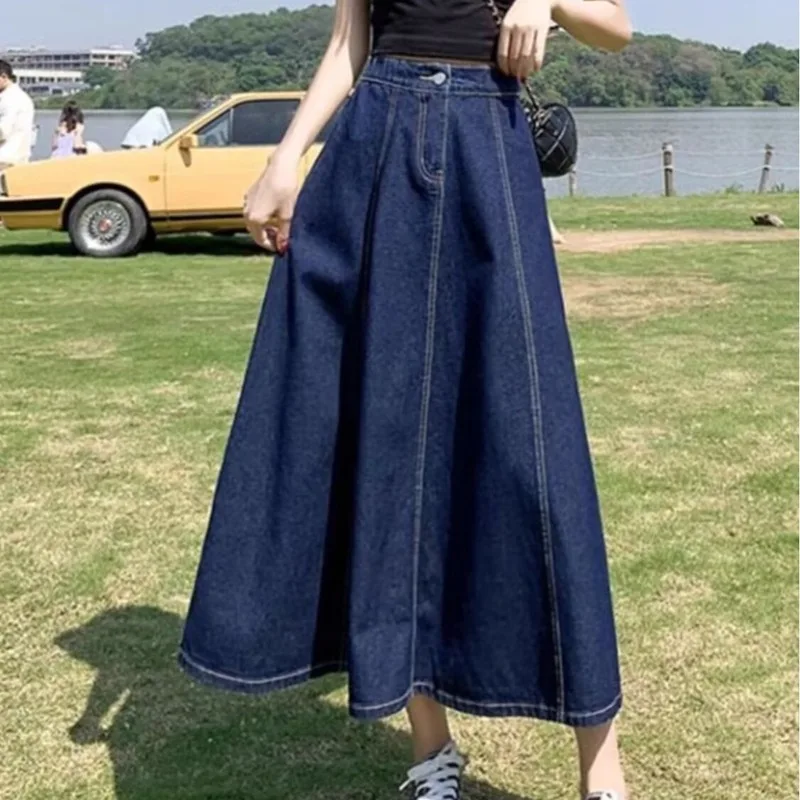 Womens High Waist Pleated A-Line Denim Midi Skirt Elastic Waist Drapey Umbrella Skirt Summer Casual Jean Skirt For Petite Ladies