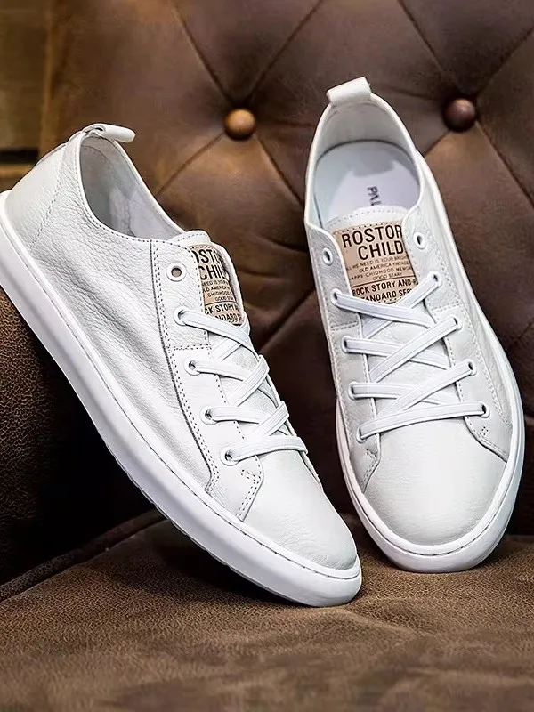 Spring 2026 Men's Soft Leather Low Heel White Sneakers Trendy Breathable Casual Cowhide Leisure Board Shoes