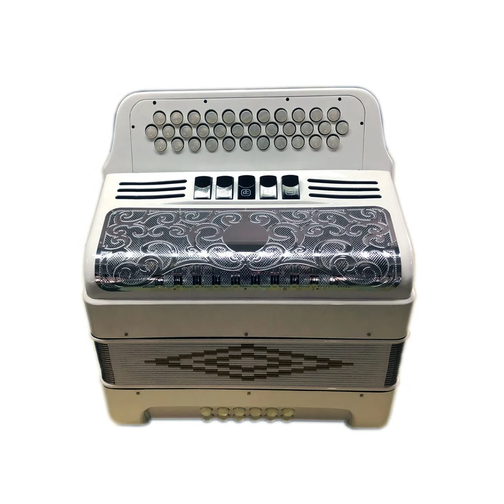 

Диатонический аккордеонный инструмент, 34 кнопки, 12 басов, 5 регистров, ярко-белый корпус, серебряный гриль, белые кнопки JB3412D