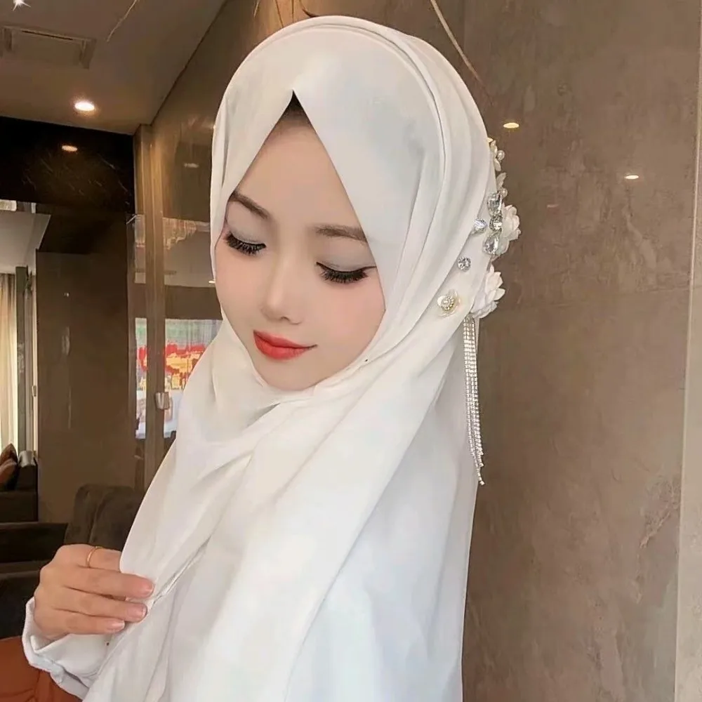 Fashion Pearl Chiffon Head Wraps Gauze Solid Color Plain Hijab Full Cover Long Rhinestone Chiffon Scarf