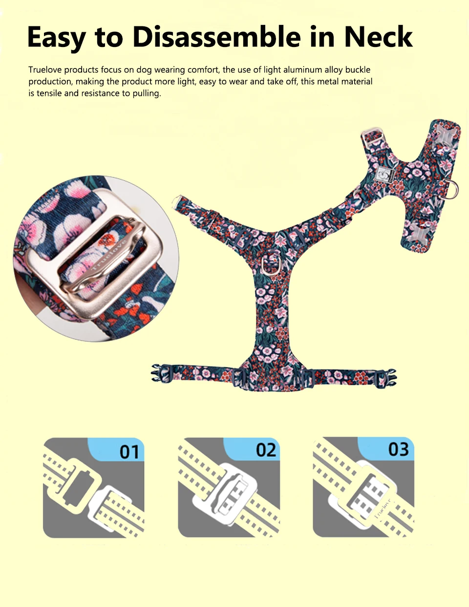 Truelove Pet Harness Pure Cotton Floral Print Detachable Chest Strap Suitable For Large Medium and Small Dogs TLH6283