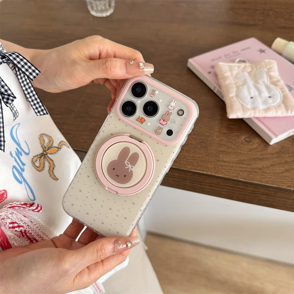 

New 2026 Cute Cartoon Miffy Rabbit Phone Case For iPhone 17 Pro 16 15 Pro Max with 360° Stand Magnetic Kawaii Shockproof Cover