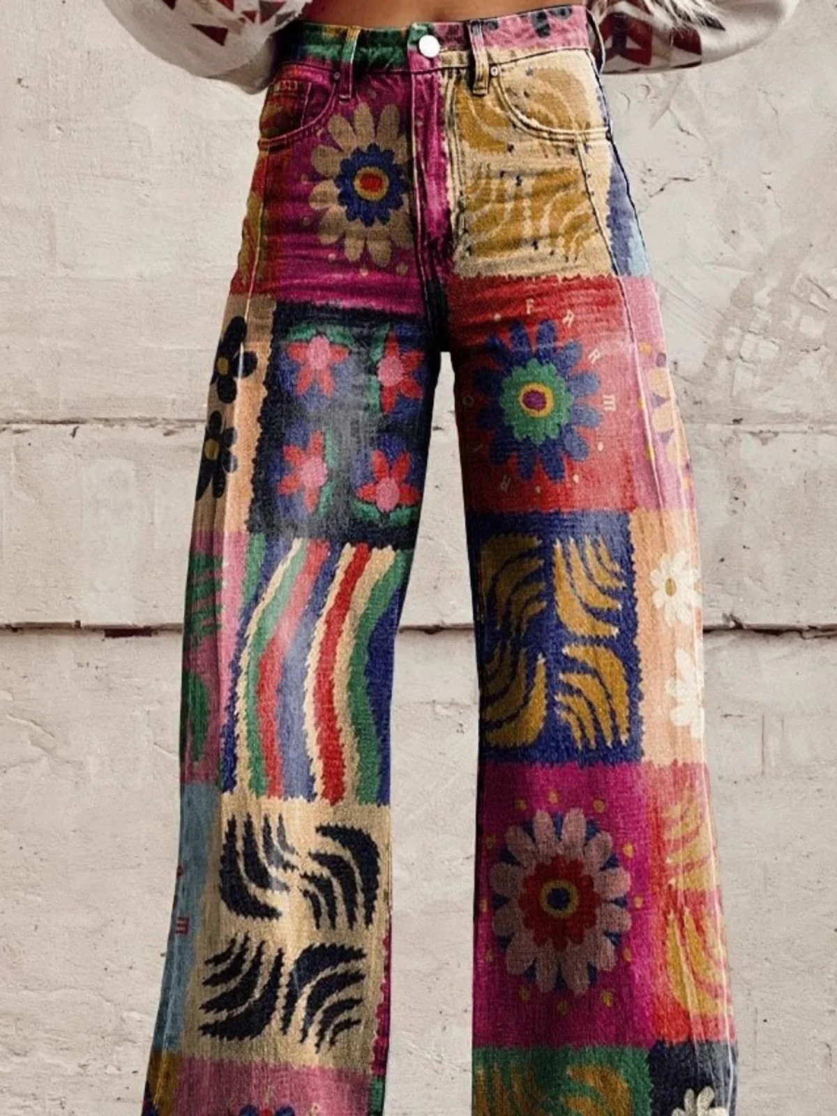 Spodnie damskie w stylu vintage z nadrukiem, plus size, szerokie nogawki, wysoki stan, codzienne długie spodnie, retro, wygodny krój, moda damska.