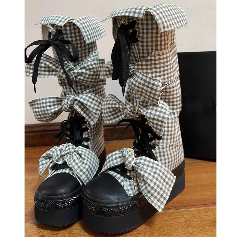 Canvas Bow Knot Decor Platform Boots Cross Tied Cute Shoes for Women Knee High Muffin Bottom Shoes 2024 Zapatos Para Mujere