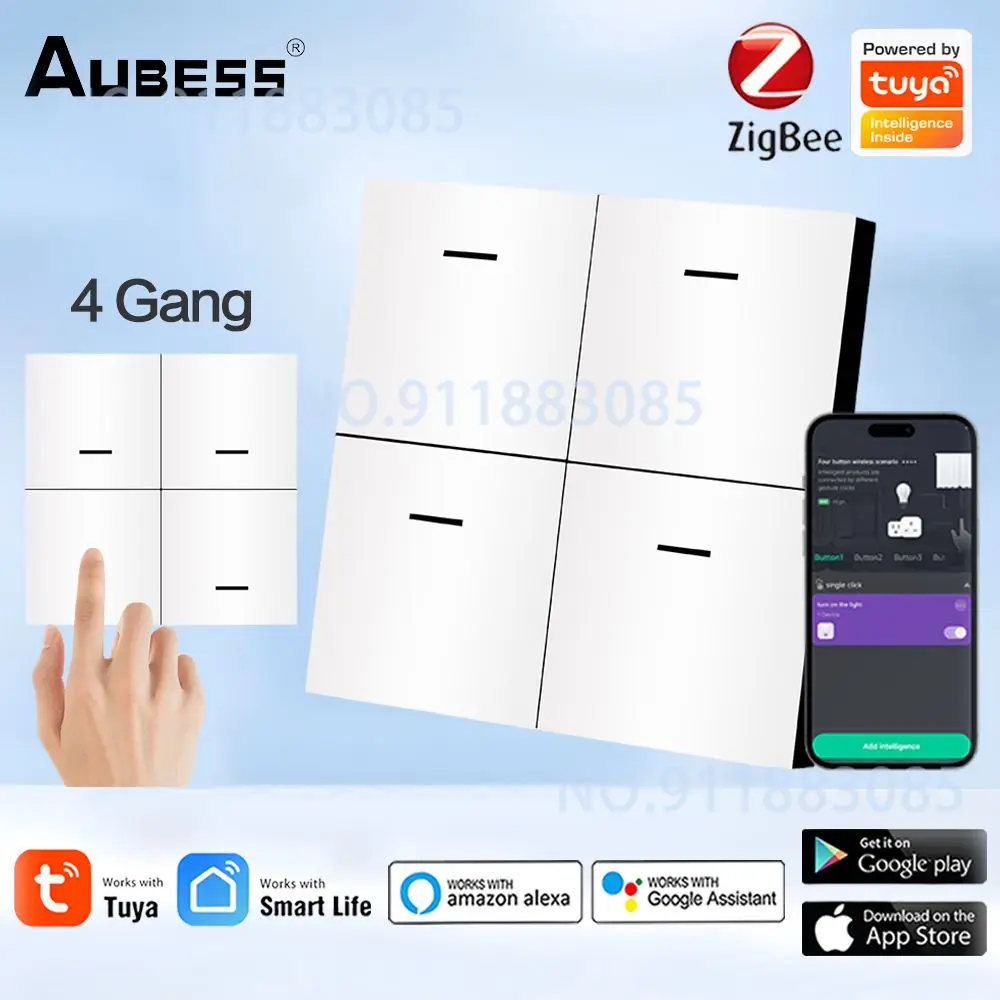 Aubess 4 Gang Tuya ZigBee Wireless 12 Scene Switch Push Button Controller Battery Powered Automation Scenario For Tuya Devices