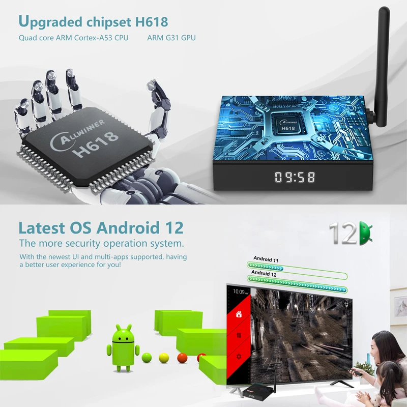 TANIX TX68 مربع التلفزيون الذكية أندرويد 12 4G 32G 64G Allwinner H618 2.4G & 5G Wifi6 6k 4k مشغل الوسائط تعيين أفضل صندوق PK T95Z زائد X98H برو