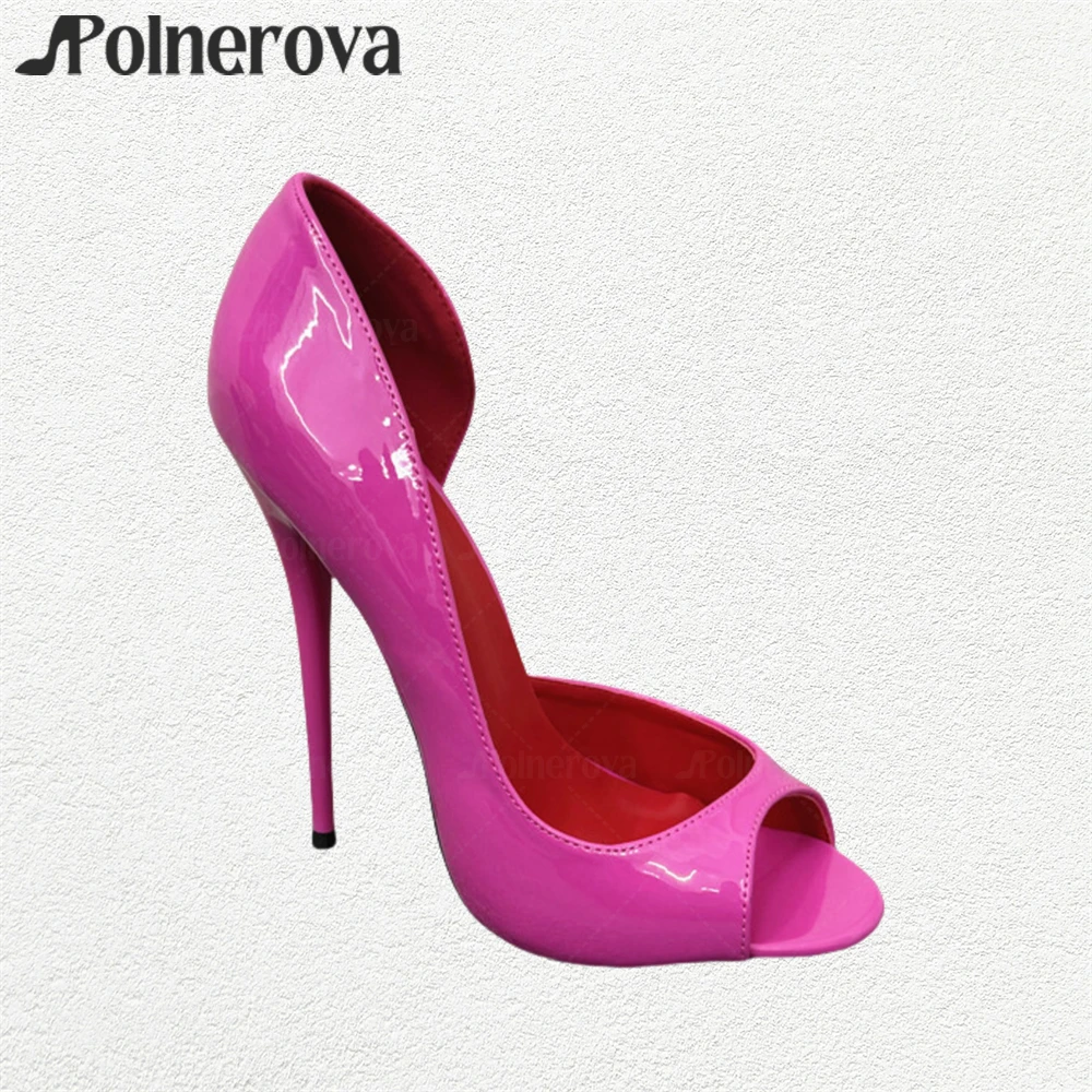 

16cm Peep Toe Lacquered Pumps One Side Hollow Slip on High Heels Sexy Pointed Stilettos Designer Style Handmade Large Size Heels
