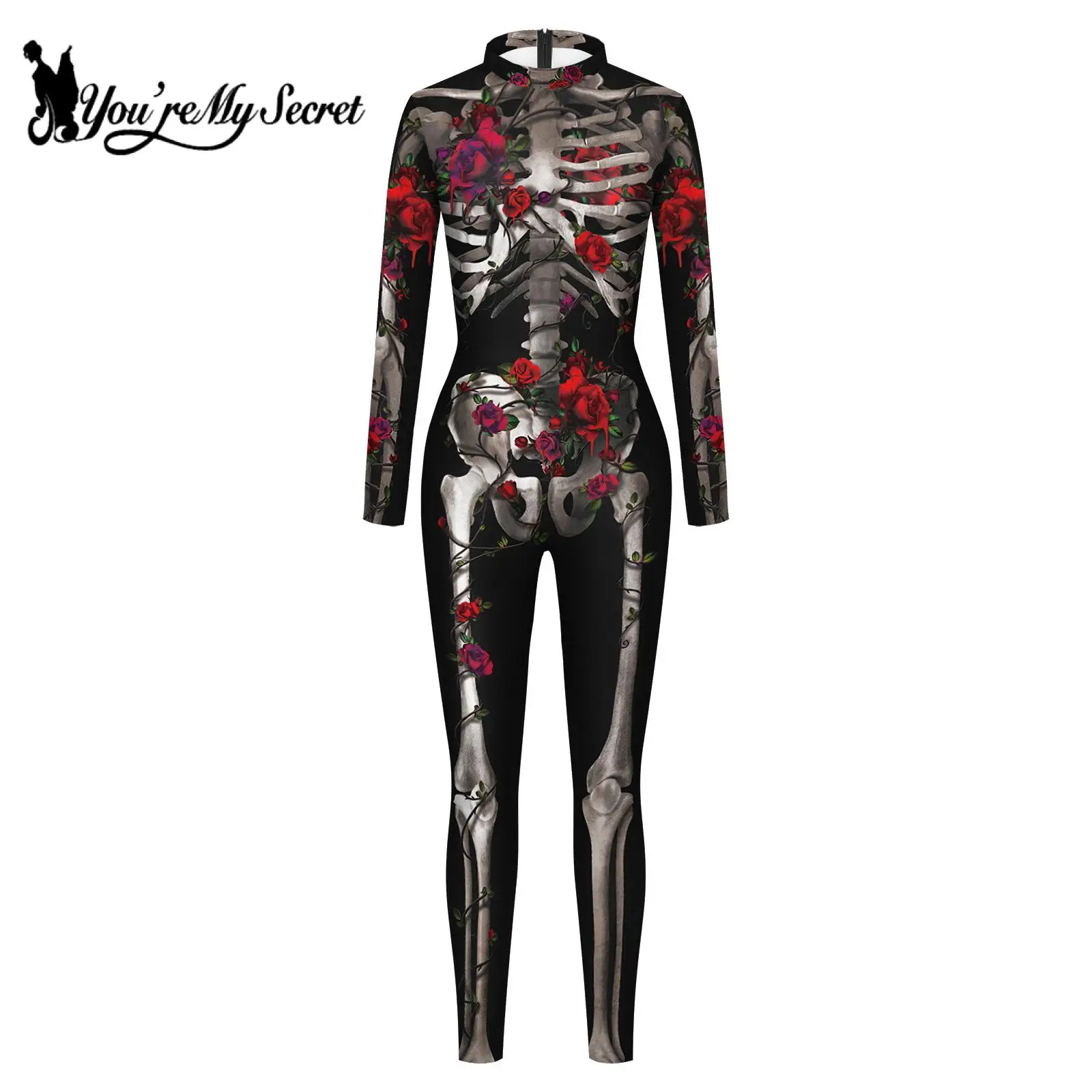 [Du bist mein Geheimnis] Halloween Skelett Rose Print Kostüm für Frauen Stretch Bodysuit Skinny Catsuit Karneval Party Zentai verkleiden