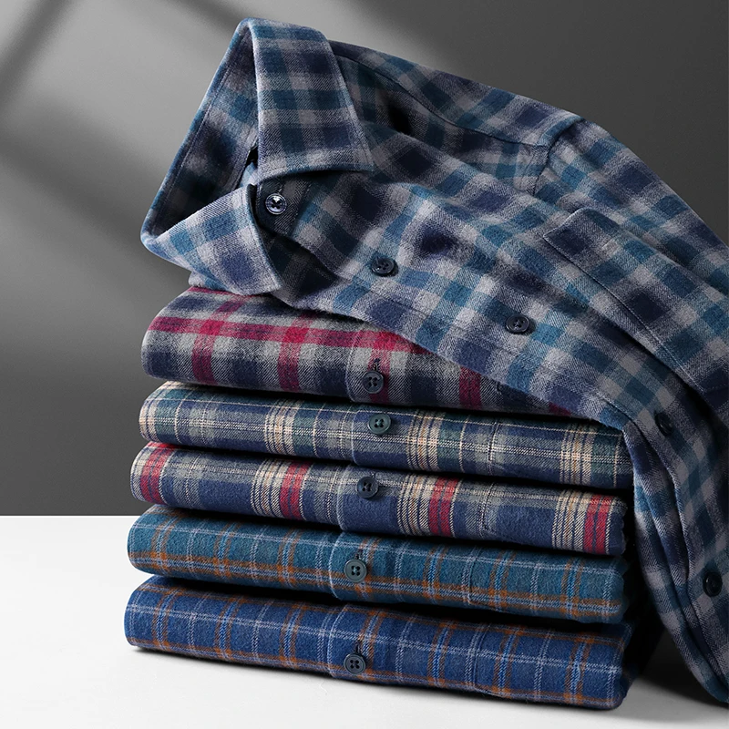 

100%cotton brushed vintage single pocket plaid long sleeve shirts for men slim fit casual plain shirt soft designer clothes