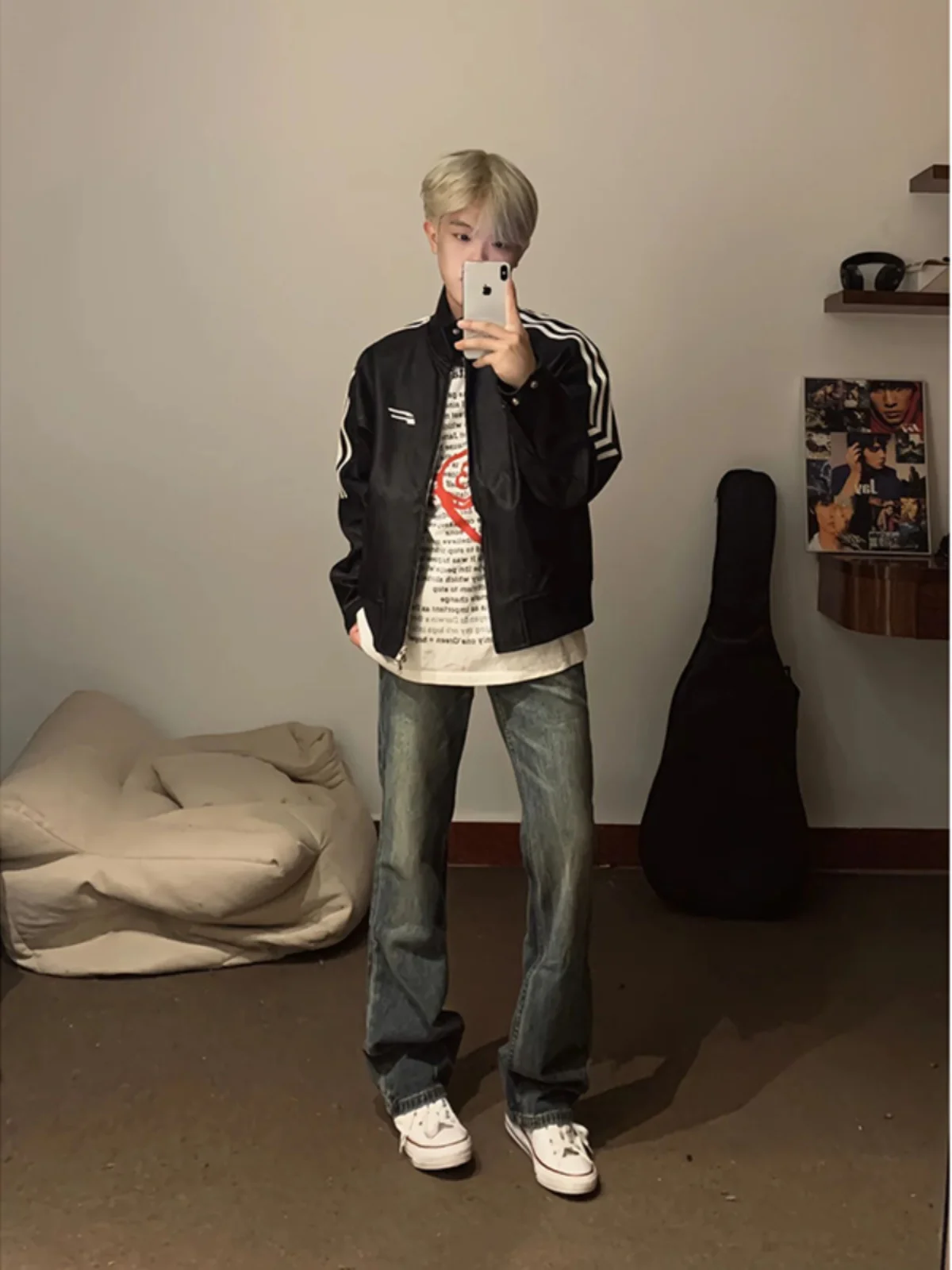 

Retro American Blue Fce Lined Men's Jeans High Street Vibe Loose Straight Leg Micro Flared Pants Youth Faion Cotton Denim