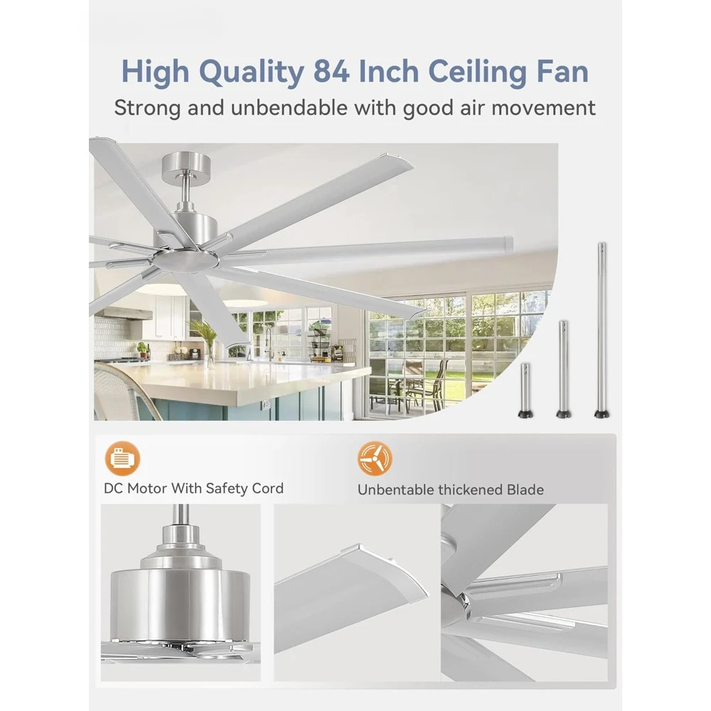 96 Inch Industrial Motor Ceiling Fan, Large Ceiling Fan with 8 Reversible Blades, 3 Downrods, 6-Speed Remote Control