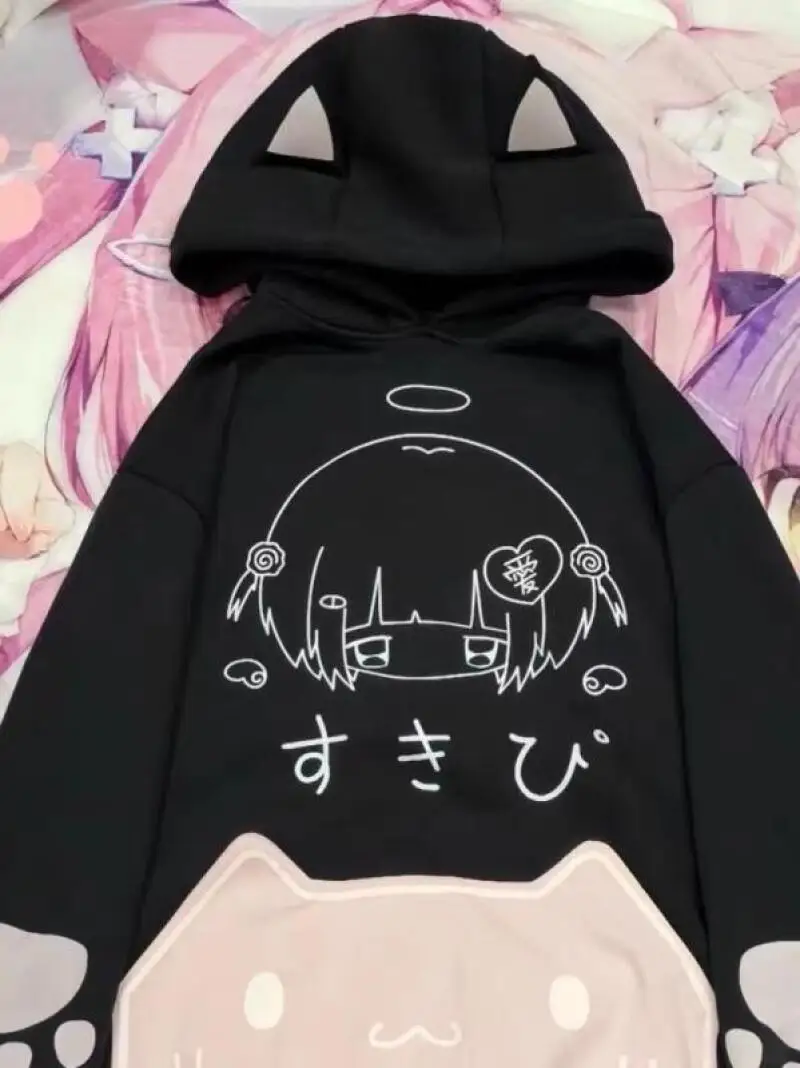 Japanse Y2K Cartoon Print Fleece Hoodies Vrouwen Harajuku Gothic Kat Oren Capuchon Vintage Hoody Streetwear Esthetische Sweatshirt