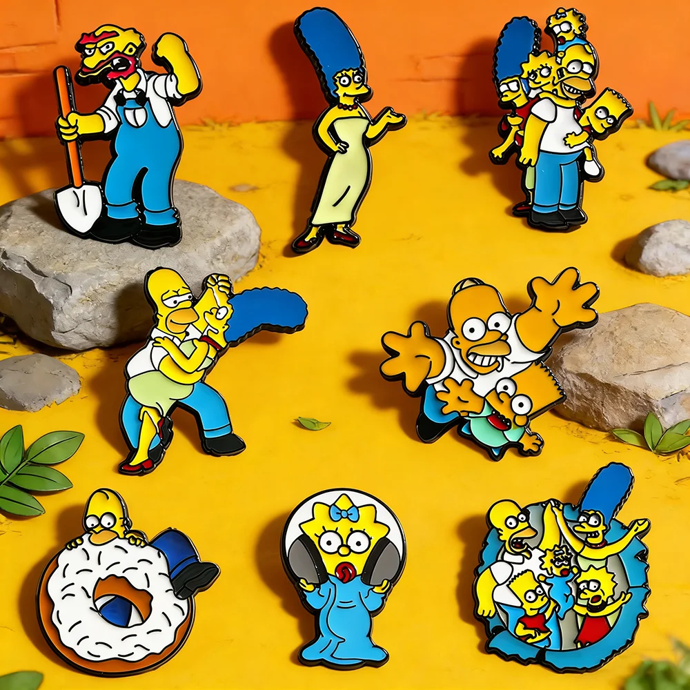 8 Pcs Q-Version Simpsons Cartoon Brooch Set Featuring Marge Homer J. Simpson Bart Enamel Pins for Backpack Jewelry Gifts