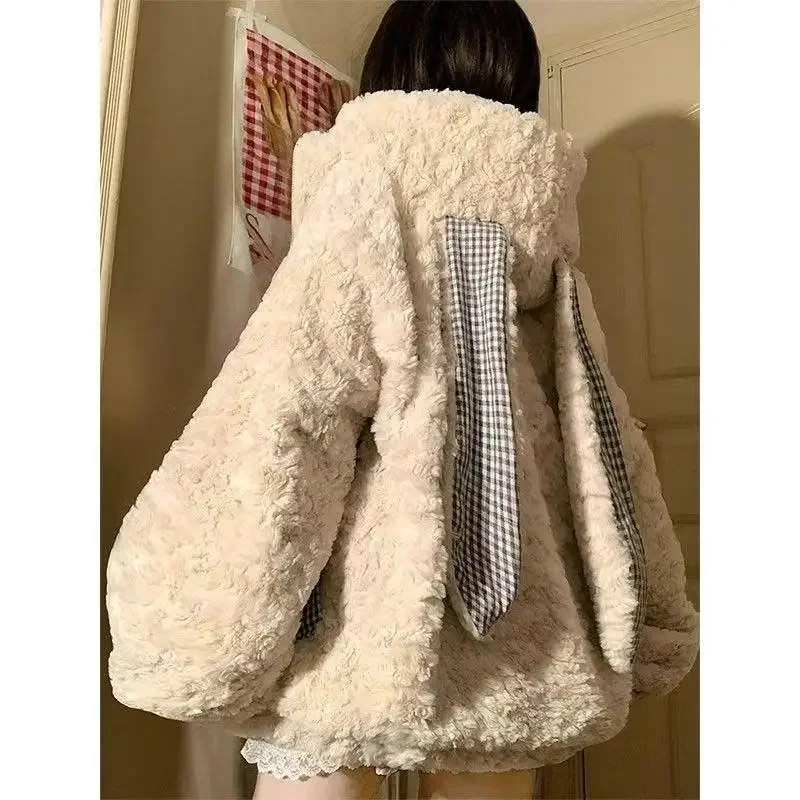 NONSAR American Retro Plaid Long Rabbit Ears Lamb Wool Coat Women Winter Cute Thickened Warm Loose Furry Hooded Jackets