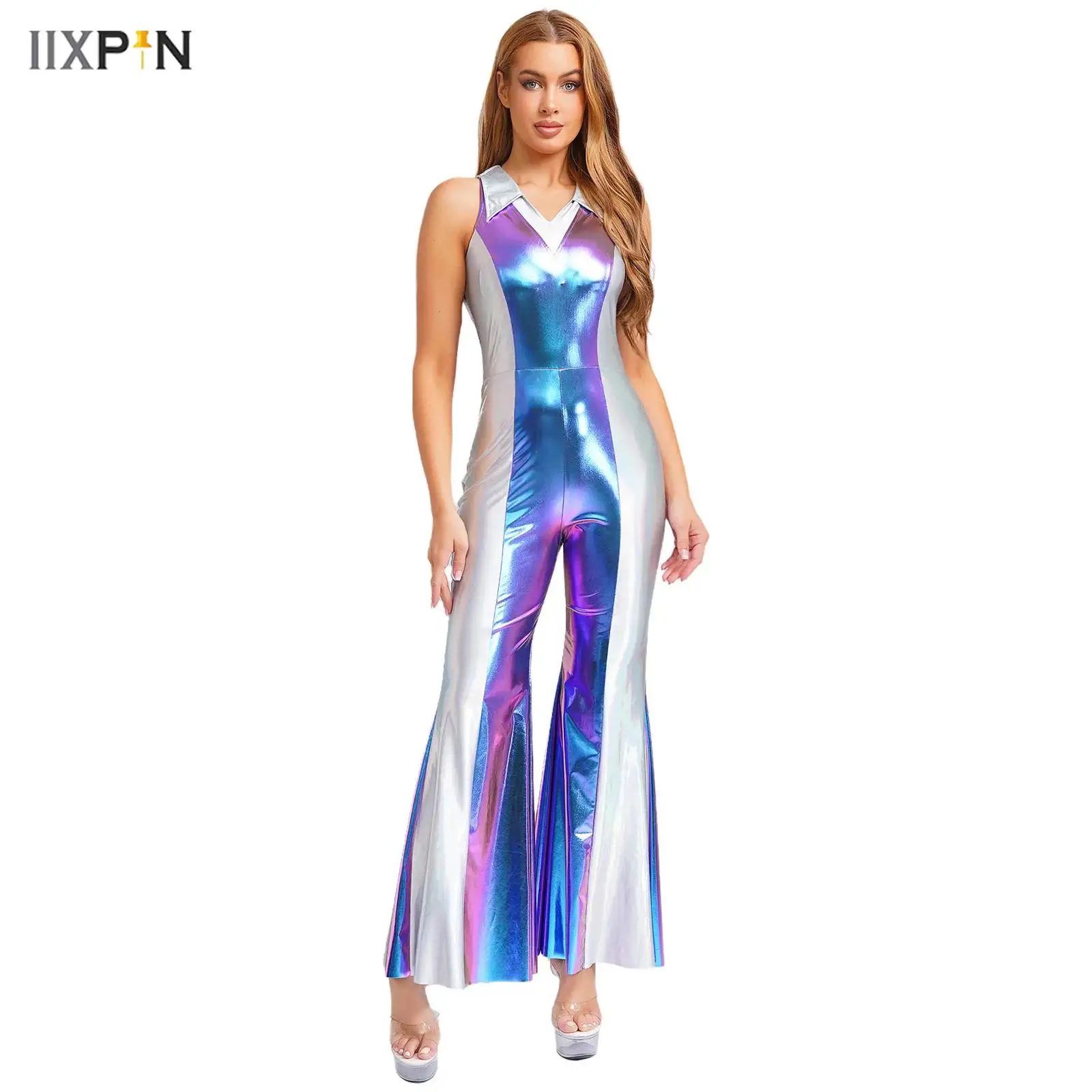 

Womens 70s 80s Disco Prom Jumpsuit Lapel V Neck Sleeveless Metallic Shiny Contrast Color Flared Long Pants Rompers for Halloween