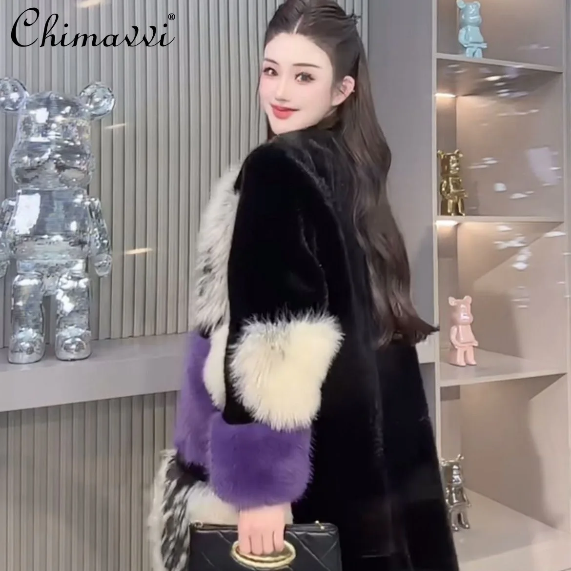 2025 Winter New High-End Fashion Long Patchwork Color-Block Fur Coat Heavy Leopard Print Loose Elegant Warm Faux Fur Jackets