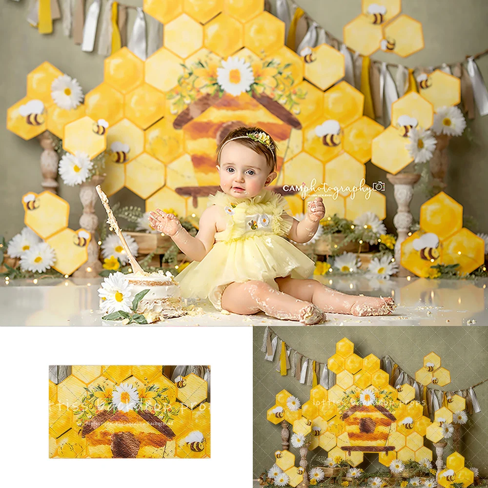 Bees thrive Theme Baby Kids Birthday Cake Smash Photography Child Photocall Garden Floral Photo Backgrounds