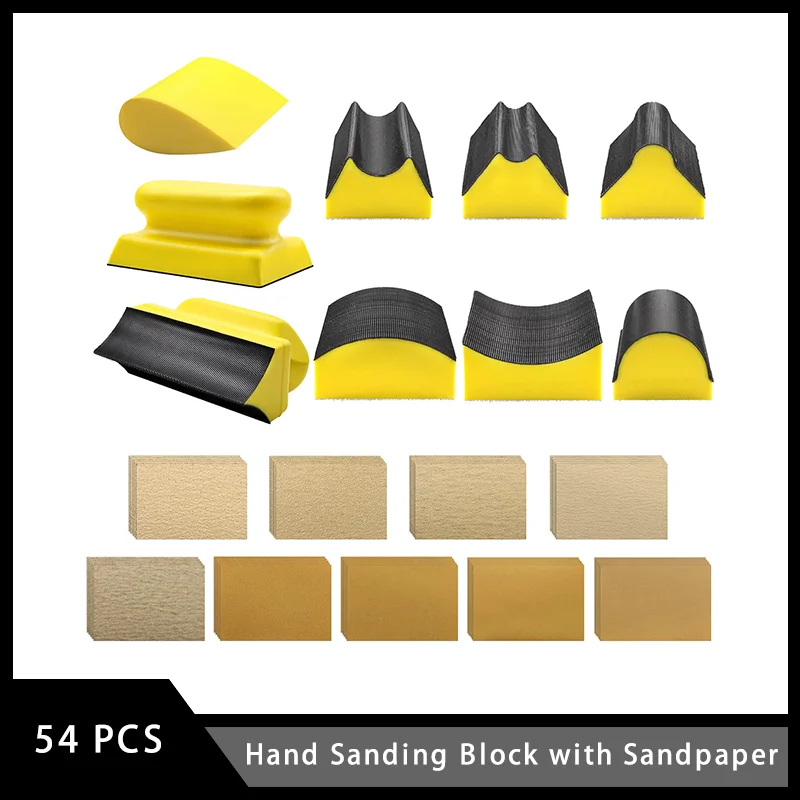 

9 PCS Contoured Profile Hand Sanding Block with 45 Sheet Assortment Sandpaper Assorted Convex & Concave Shapes for Auto Body