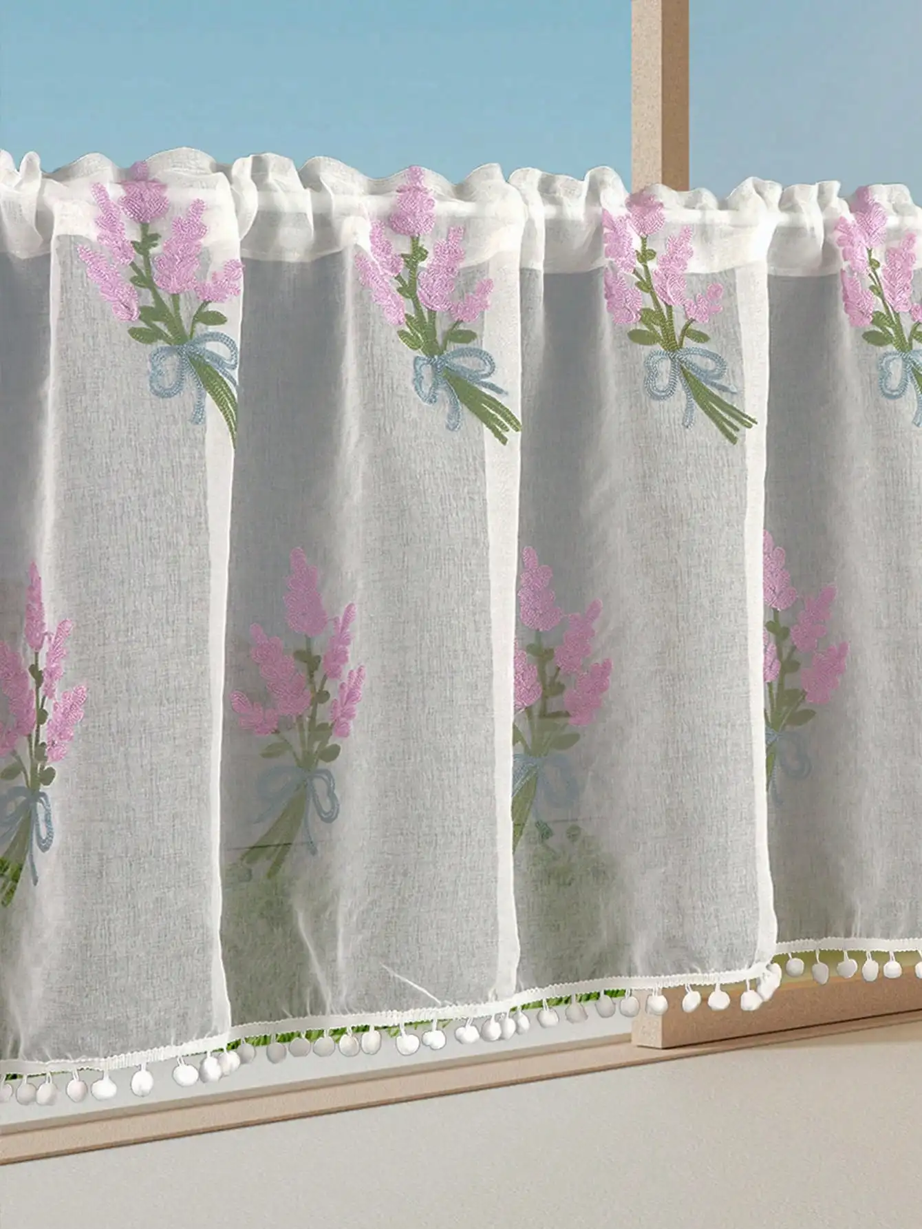 Pink Tulip Embroidered 1PC Hairball Short Curtain, Living Room Bedroom Cabinet Barrier Tulle Small Short Curtains