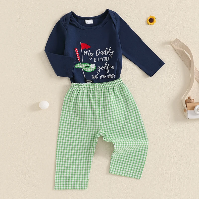 ملابس أطفال أولادي خريفي مطبوع عليها حروف جولف وأكمام طويلة ورقبة دائرية مع بنطال منقوش مكون من قطعتين