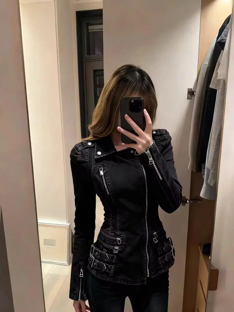 

Gothic Women Vintage Denim Punk Moto Biker Jackets Women Harajuku Y2k Casual Coat Tops Streetwear Female Zipper Grunge Outwear