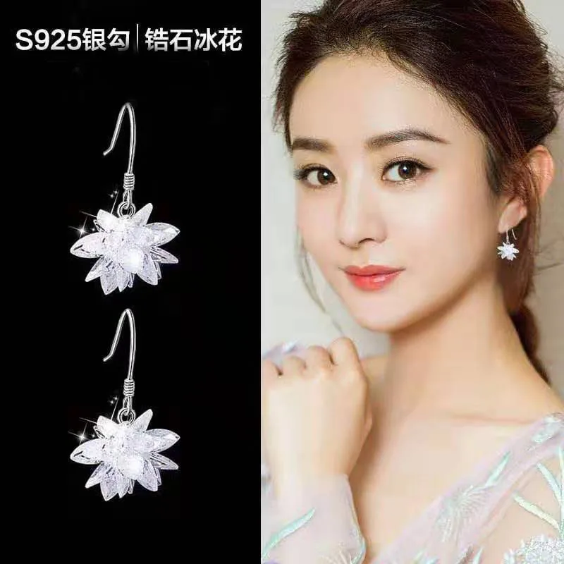 925 silver needle New Women\'s Fashion High Quality Earrings Crystal Ice Flower Long Tassel Zircon Earrings