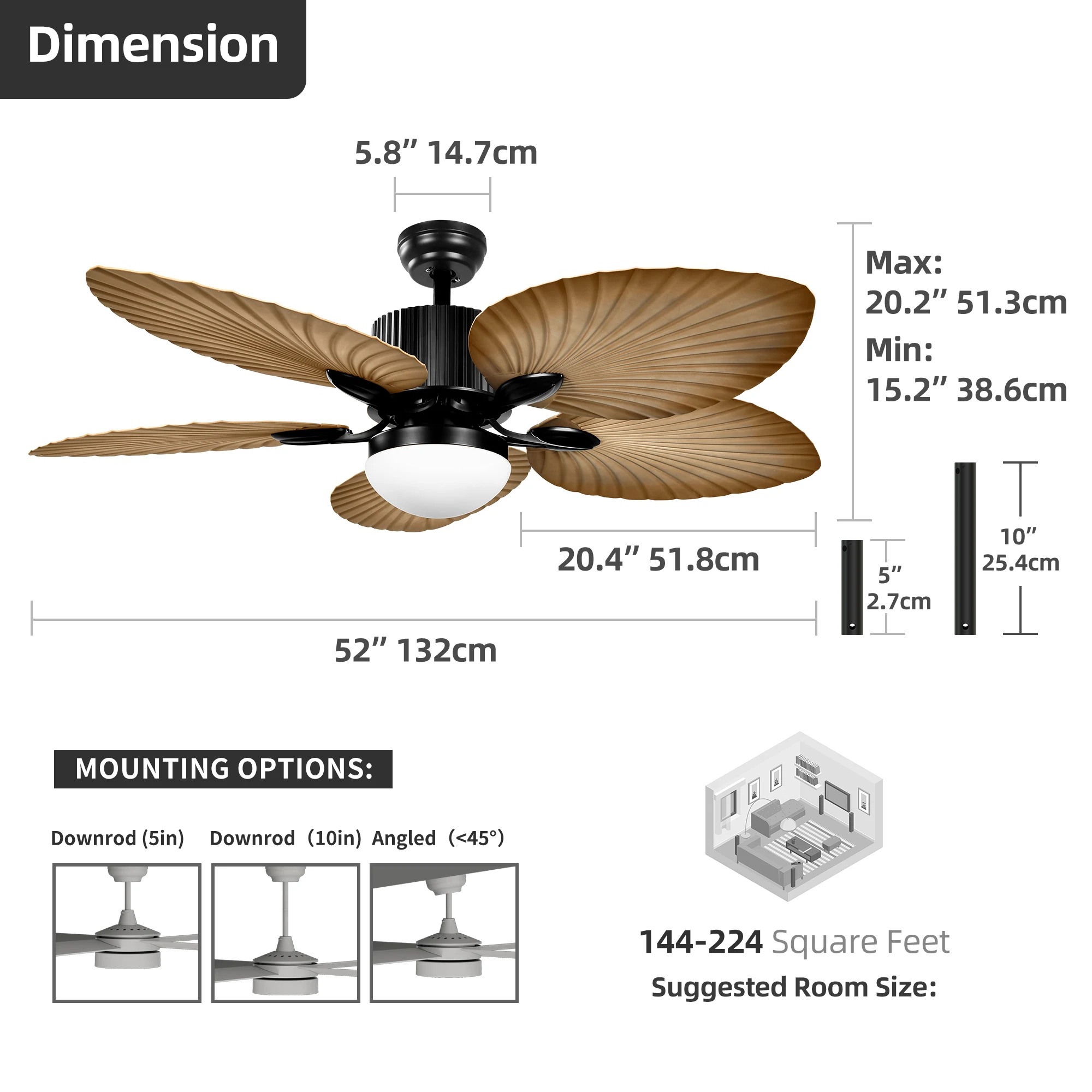 Tropical Ventilador De Teto com Luz LED, Controle Remoto, Luz Reversível, 52"