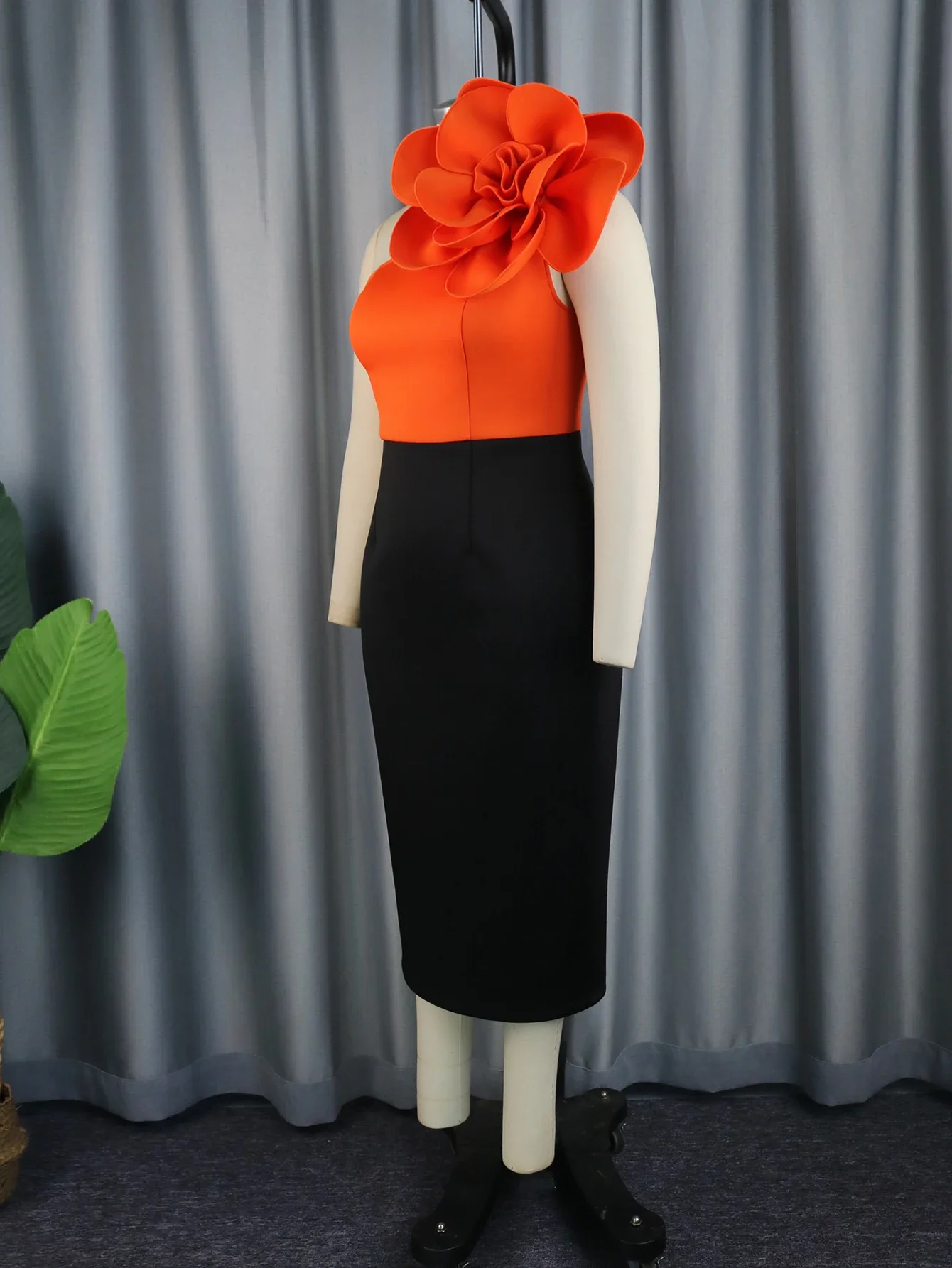 Women Orange Party Dresses Plus Size 3XL 4XL Flower One Shoulder Empire Cocktail Club Party Midi Gowns Patchwork Bodycon Outfits